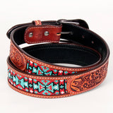 Bar H Equine Hand Tooled Genuine Leather Hand Crafted Unisex Brown Western Belt Beaded Carving | Bead Belts for Women | Men B