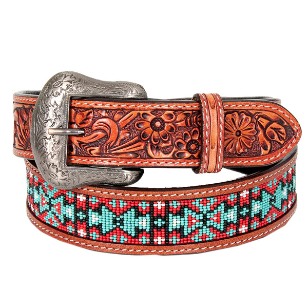 Bar H Equine Hand Carved Western Leather Belt Men Women Beaded - Bar H Equine