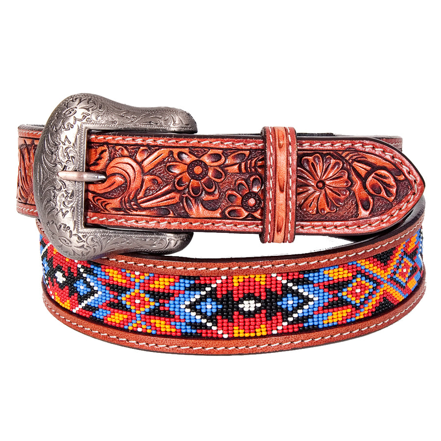 Bar H Equine Hand Carved Western Leather Belt Men Women Beaded Large - Bar H Equine