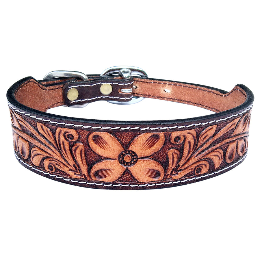 BAR H EQUINE Western Genuine Leather Dog Collar Hand Tooled Brown - Uhorse