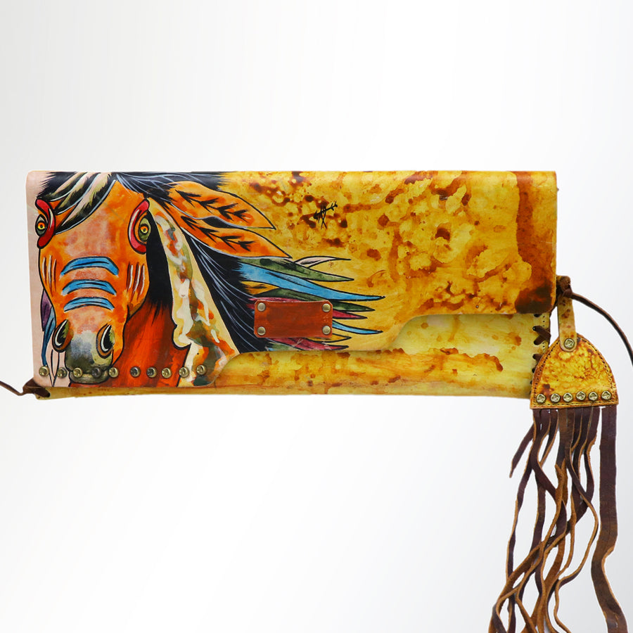 American Darling Envelope Bag - Hand-Painted Vegetable-Tanned Genuine Leather Western Clutch with Fringes - 6.5in x 12in