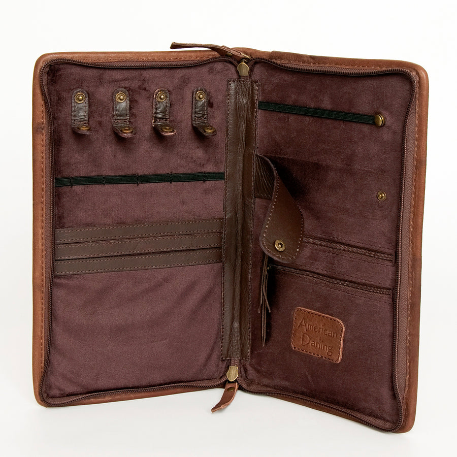 American Darling Women's Hair-On Cowhide Jewelry Case Hand Tooled Floral Carved Eco-Friendly Vegetable-Tanned Genuine Leather