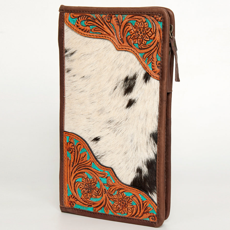 Brown leather wallet with red floral tooling and hair-on-hide inlay - Uhorse