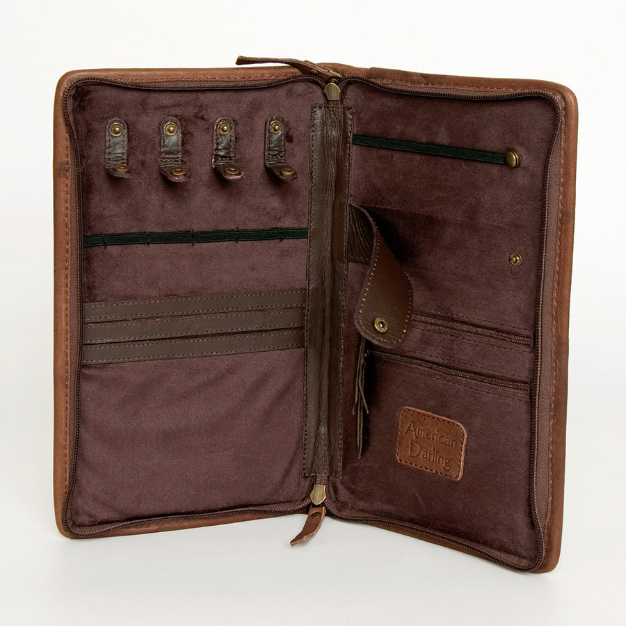 American Darling Women's Hair-On Cowhide Jewelry Case Hand Tooled Floral Carved Eco-Friendly Vegetable-Tanned Genuine Leather
