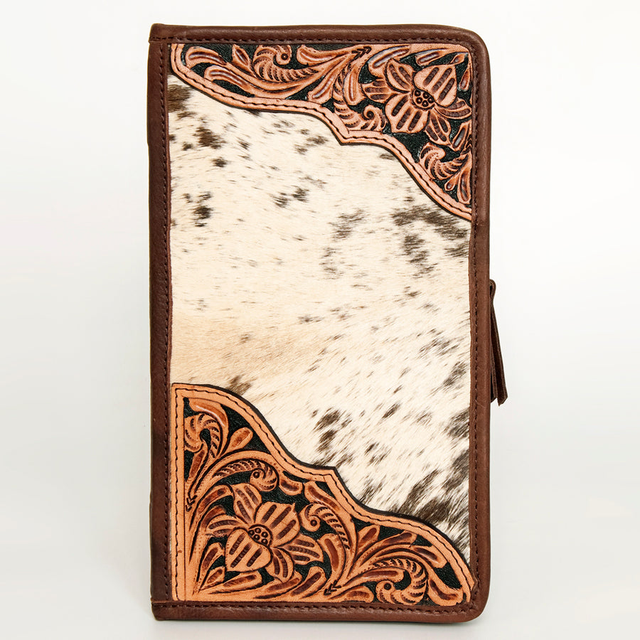 American Darling Women's Hair-On Cowhide Jewelry Case Hand Tooled Floral Carved Eco-Friendly Vegetable-Tanned Genuine Leather