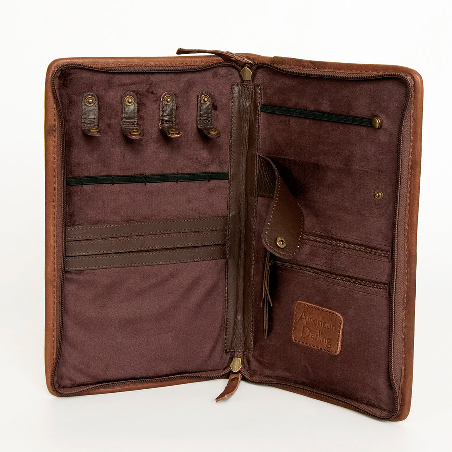 American Darling Women's Hair-On Cowhide Jewelry Case Hand Tooled Floral Carved Eco-Friendly Vegetable-Tanned Genuine Leather