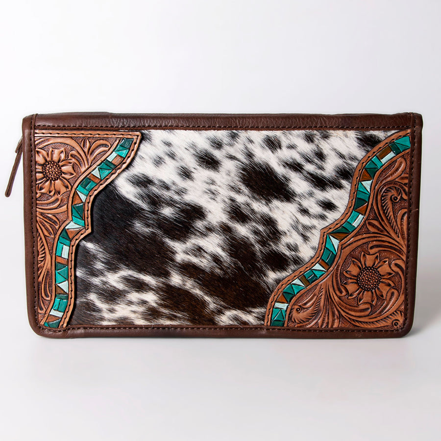 American Darling Women's Hair-On Cowhide Jewelry Case Hand Tooled Floral Carved Eco-Friendly Vegetable-Tanned Genuine Leather