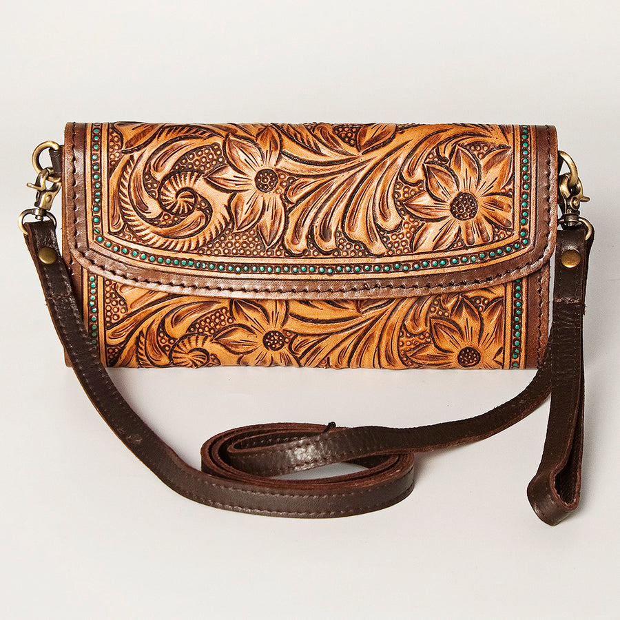 American Darling Women's Small Cross body Bag Hand Tooled Floral Carved Eco-Friendly Genuine Leather YKK Zipper