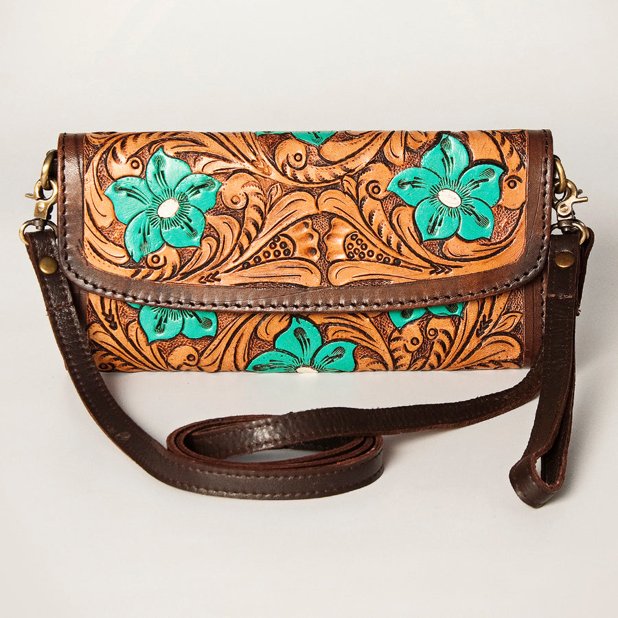 American Darling Women's Small Cross body Bag Hand Tooled Floral Carved Eco-Friendly Genuine Leather YKK Zipper