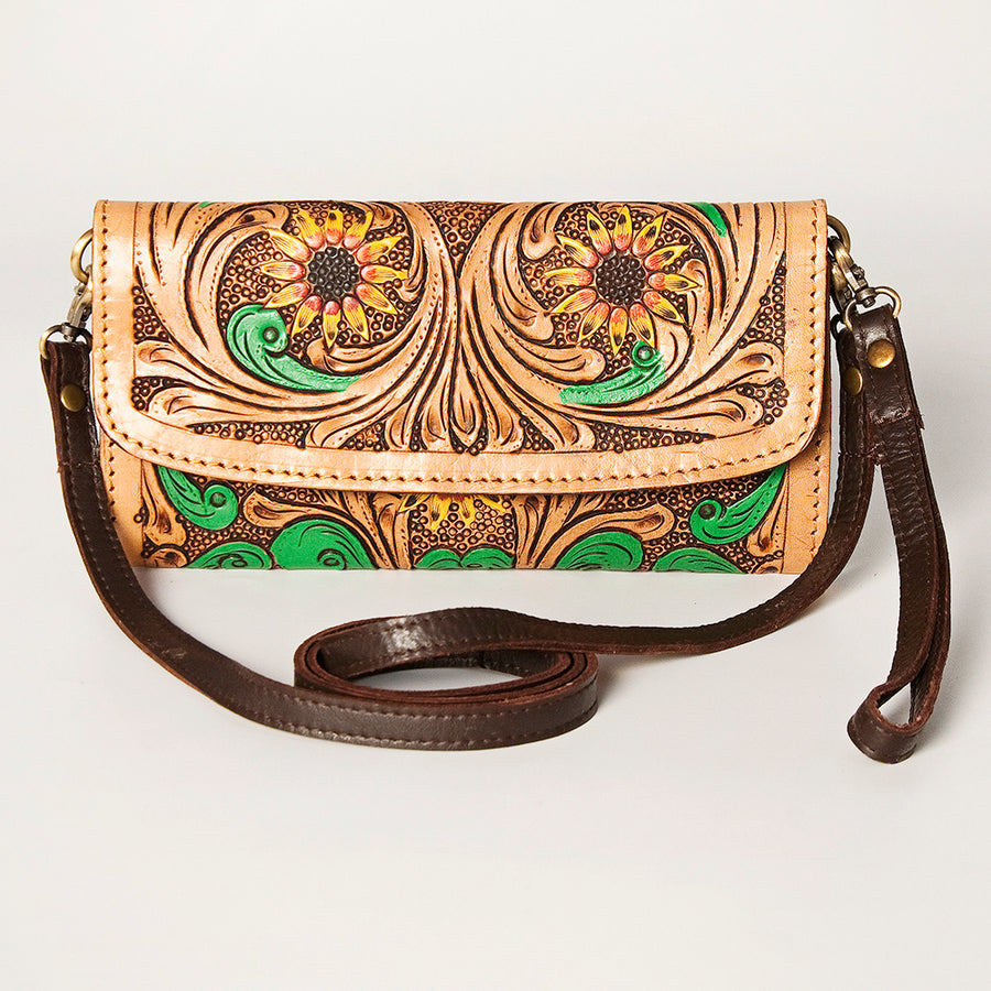 American Darling Women's Small Cross body Bag Hand Tooled Floral Carved Eco-Friendly Genuine Leather YKK Zipper