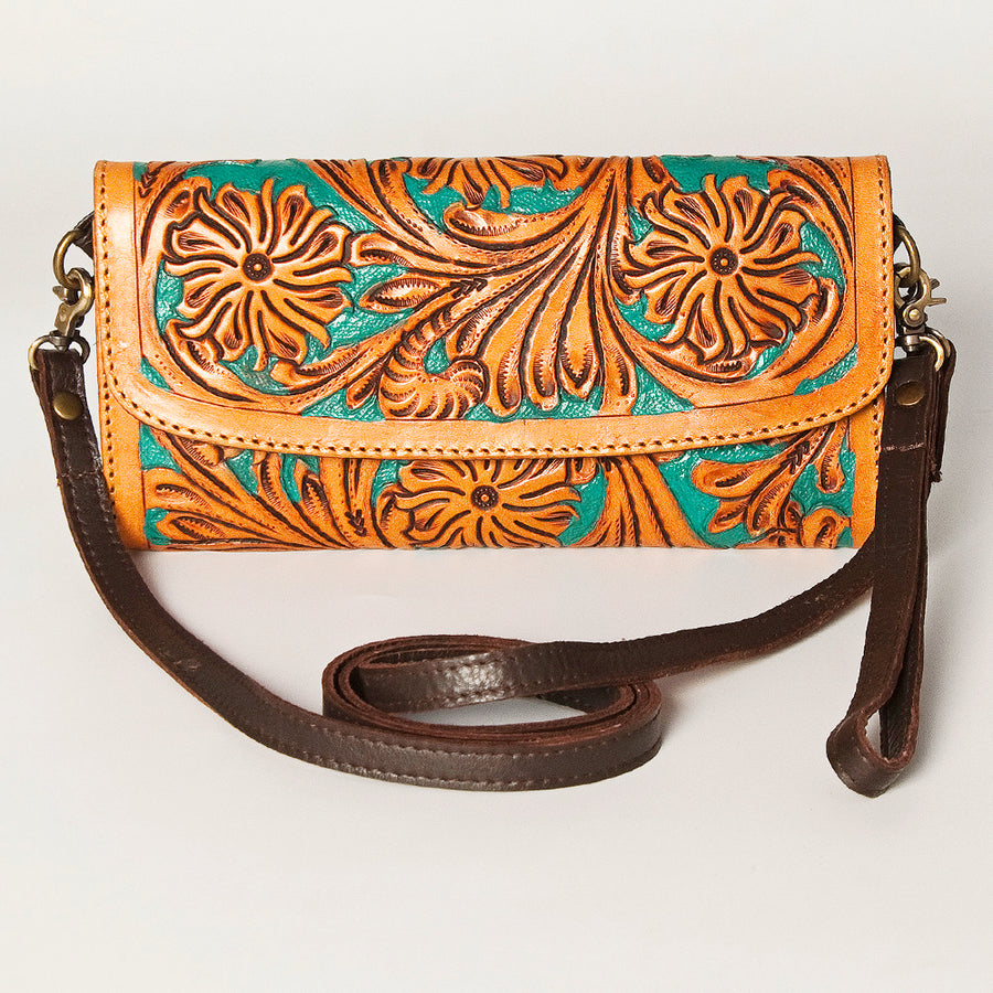 American Darling Women's Small Cross body Bag Hand Tooled Floral Carved Eco-Friendly Genuine Leather YKK Zipper