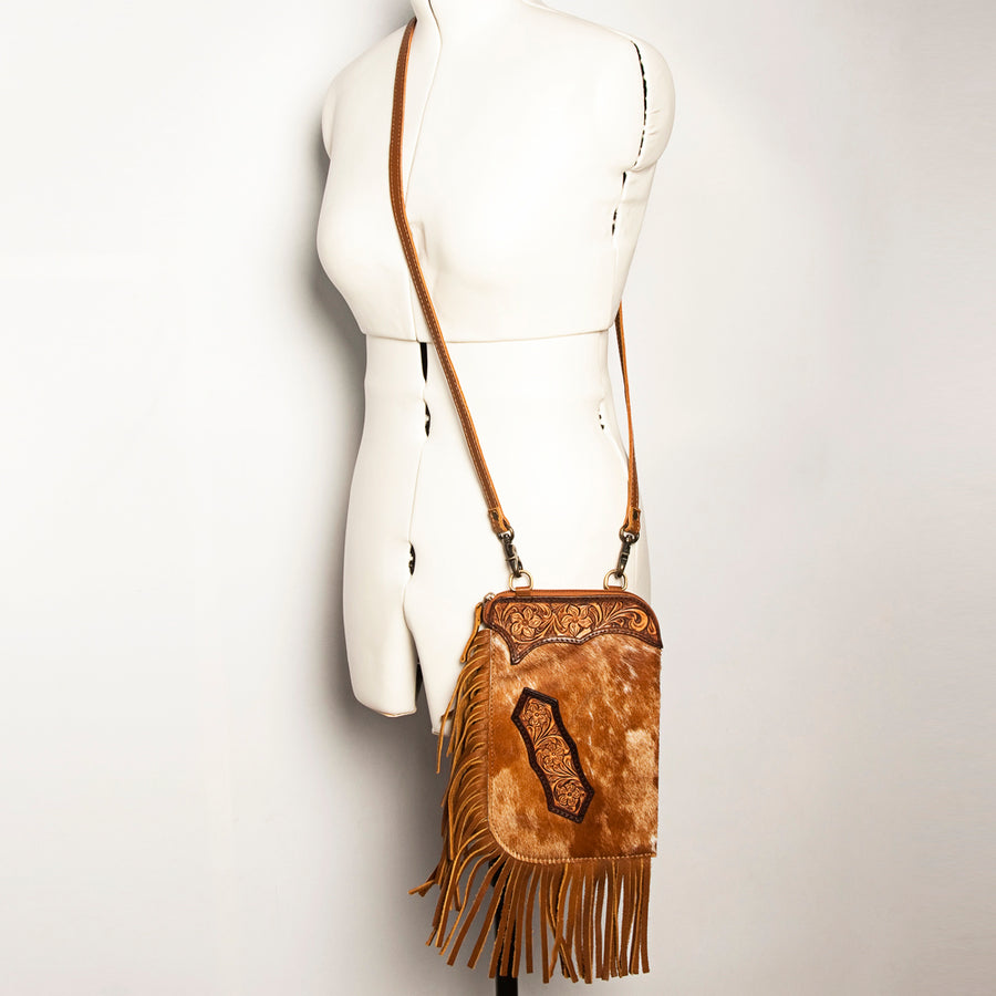 American Darling Women's Hair-On Cowhide Chaps Bag Hand Tooled Fringes Vegetable-Tanned Genuine Leather YKK Zipper