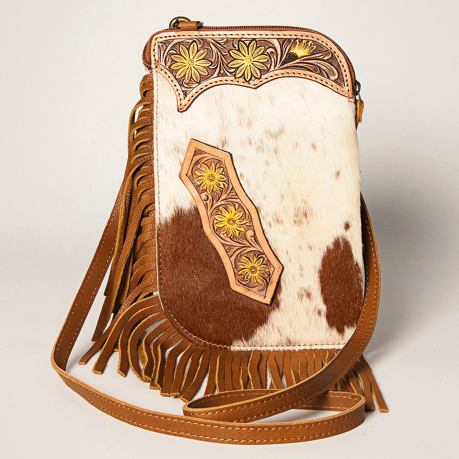 American Darling Women's Hair-On Cowhide Chaps Bag Hand Tooled Fringes Vegetable-Tanned Genuine Leather YKK Zipper