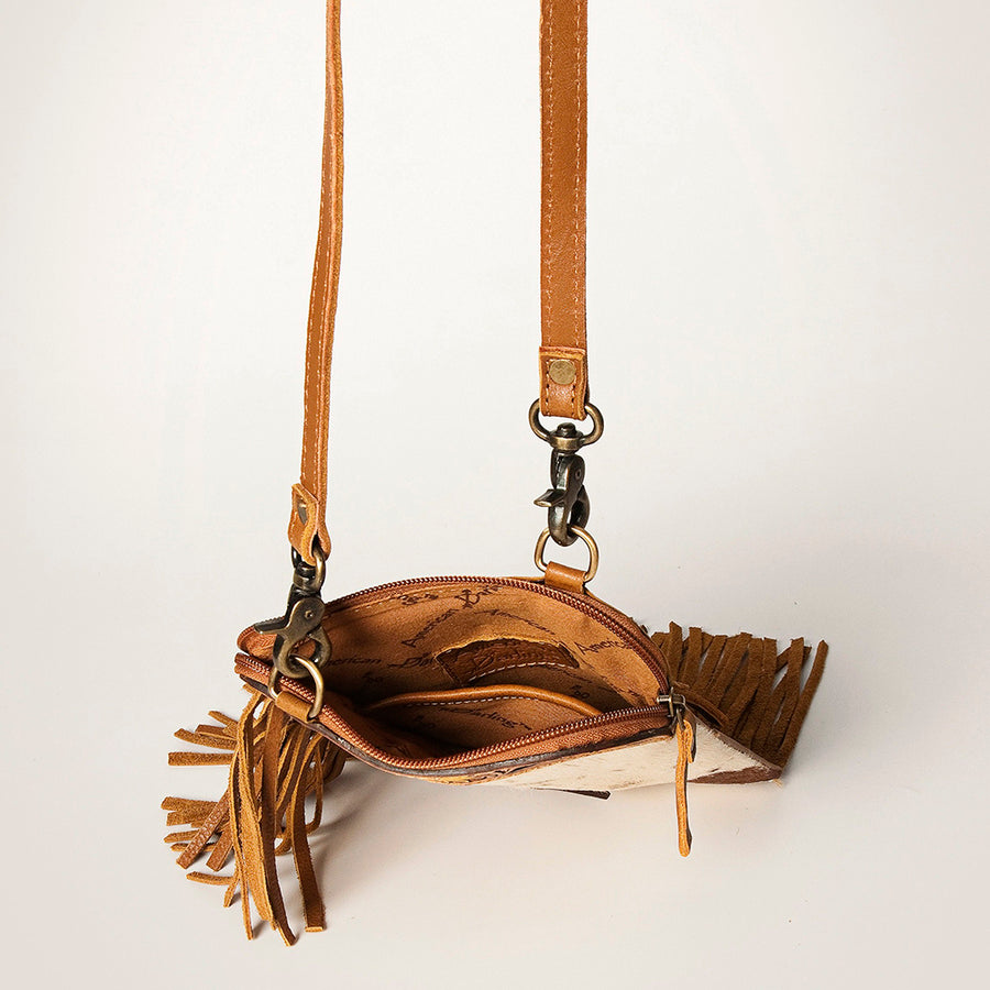 American Darling Women's Hair-On Cowhide Chaps Bag Hand Tooled Fringes Vegetable-Tanned Genuine Leather YKK Zipper