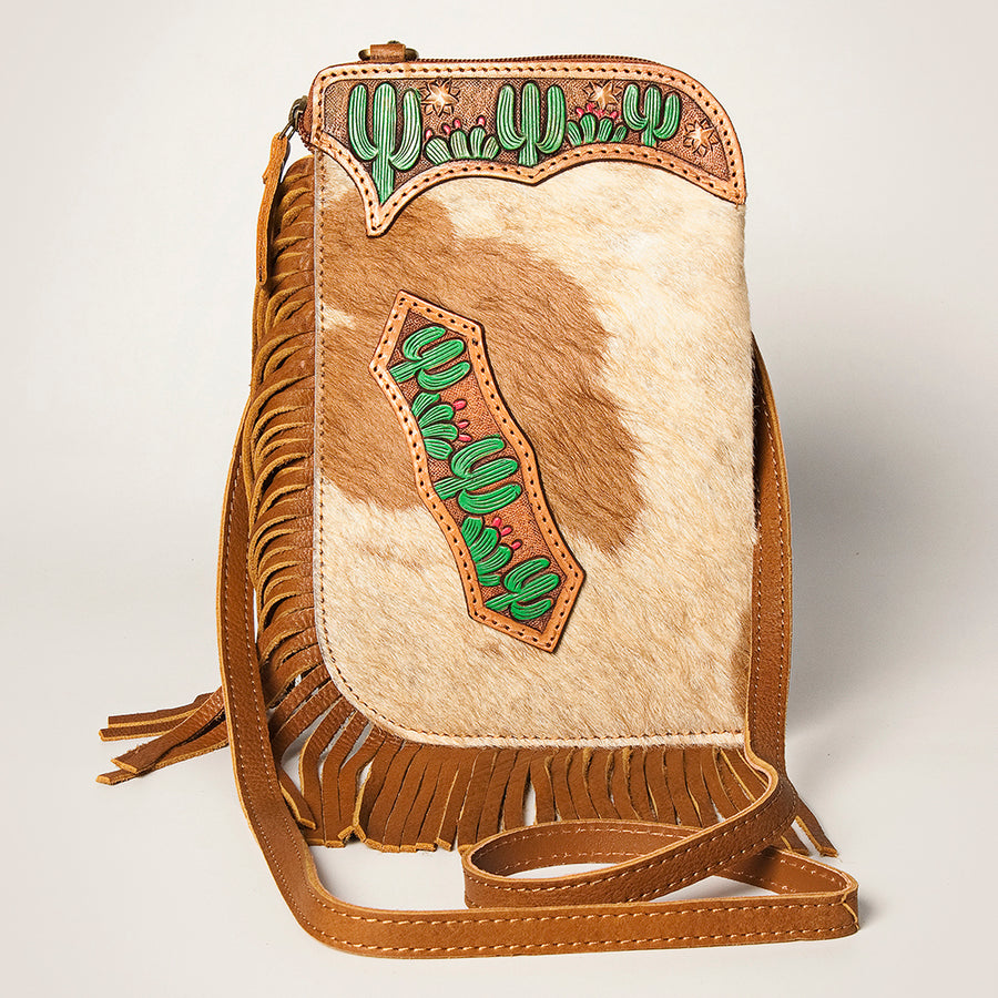 American Darling Women's Hair-On Cowhide Chaps Bag Hand Tooled Fringes Vegetable-Tanned Genuine Leather YKK Zipper