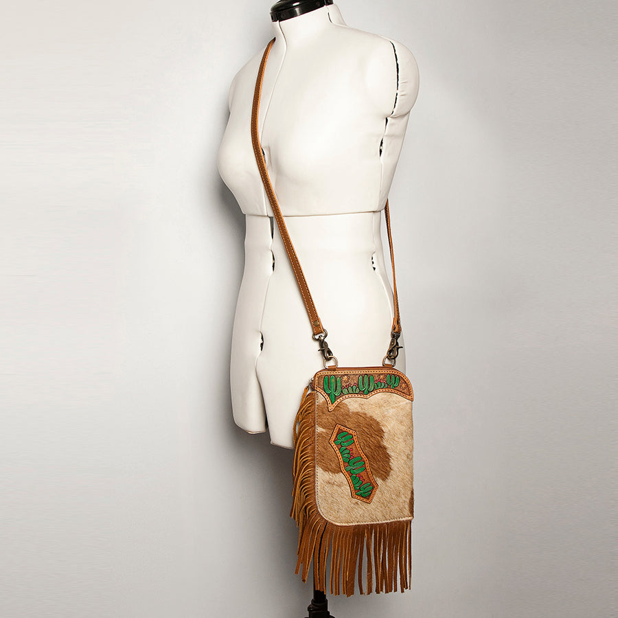 American Darling Women's Hair-On Cowhide Chaps Bag Hand Tooled Fringes Vegetable-Tanned Genuine Leather YKK Zipper