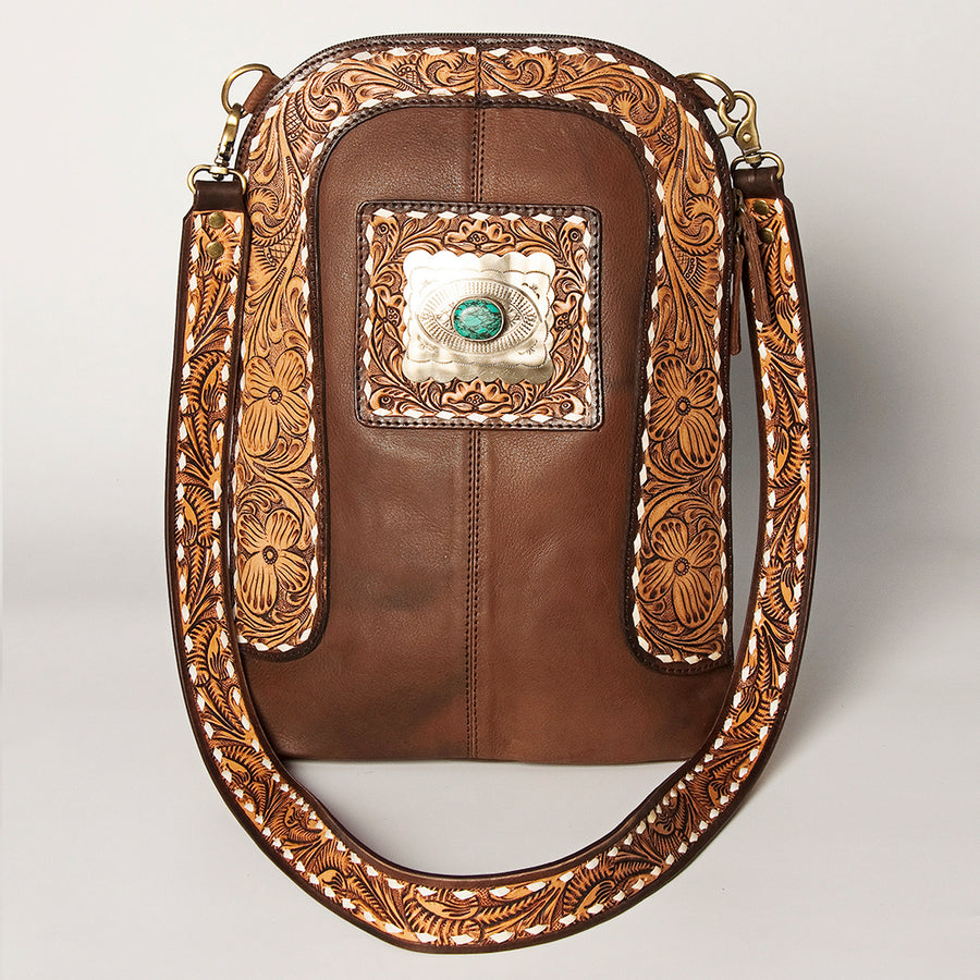 American Darling Women's Large Cross body Bag Hand Tooled Floral Carved Concho Eco-Friendly Genuine Leather YKK Zipper