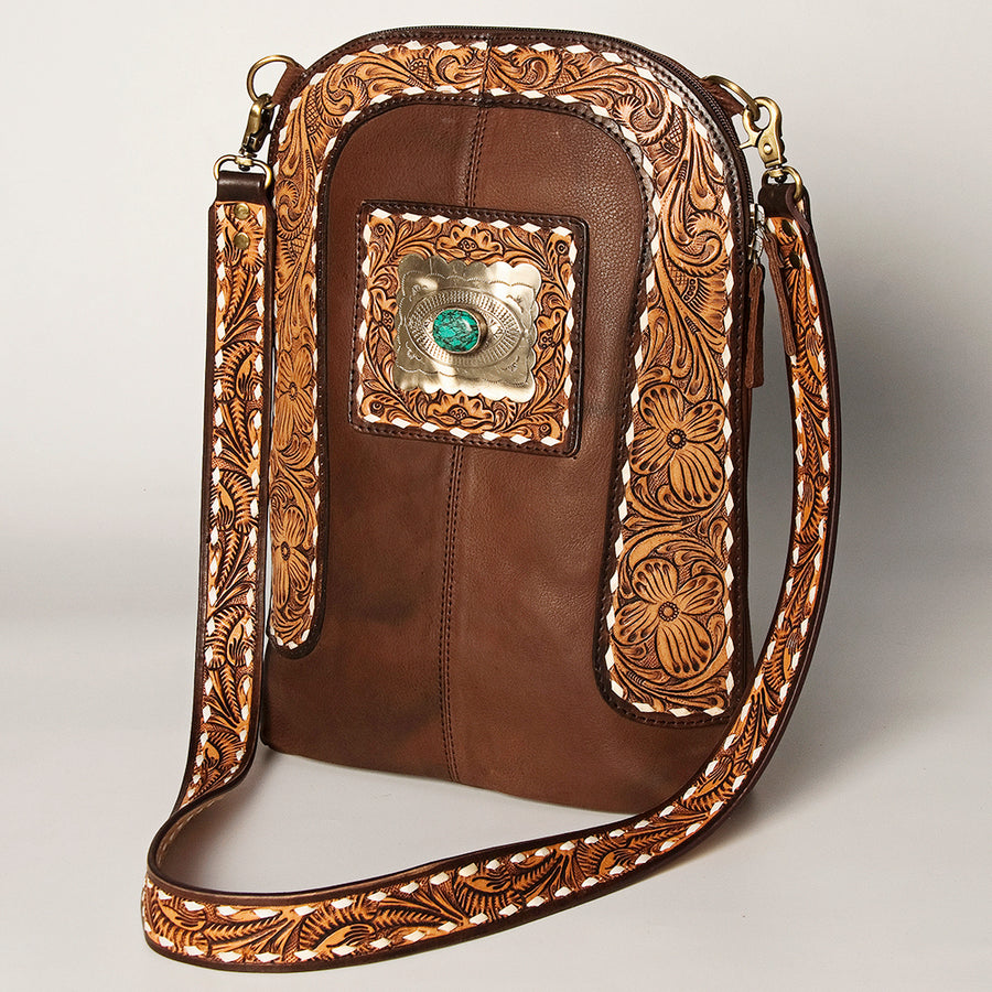 American Darling Large Cross body Bag Hand Tooled Genuine Leather Concho - Uhorse