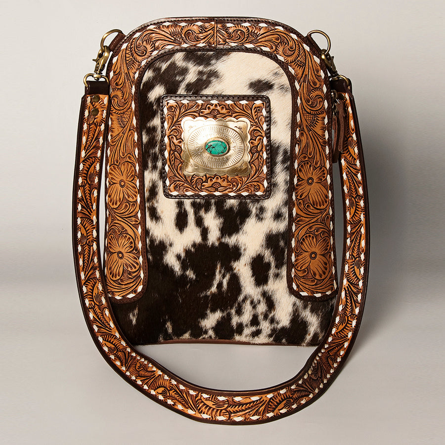 American Darling Women's Large Cross body Bag Hand Tooled Floral Carved Concho Eco-Friendly Genuine Leather YKK Zipper