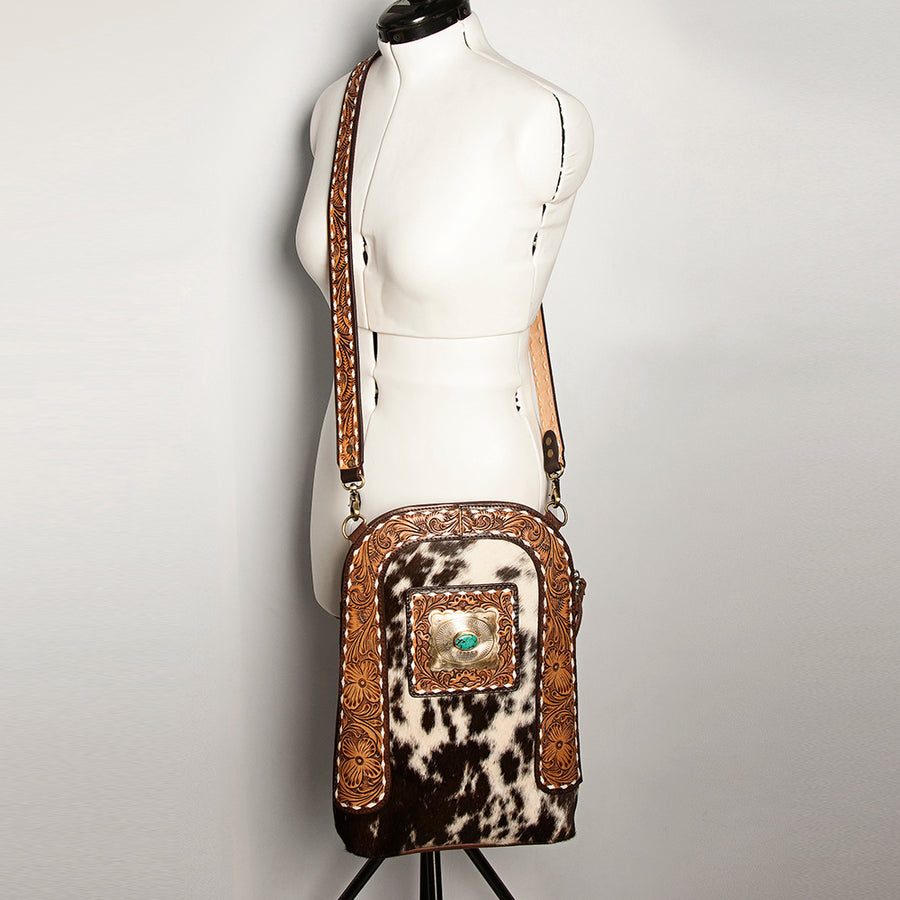 American Darling Women's Large Cross body Bag Hand Tooled Floral Carved Concho Eco-Friendly Genuine Leather YKK Zipper