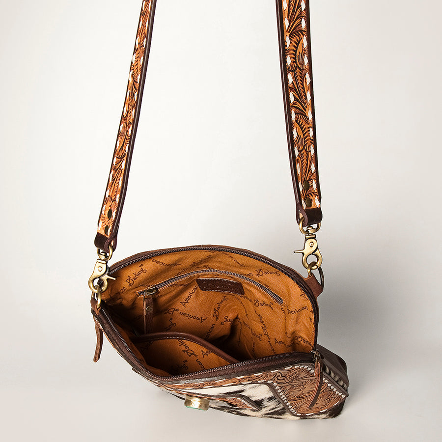 American Darling Women's Large Cross body Bag Hand Tooled Floral Carved Concho Eco-Friendly Genuine Leather YKK Zipper