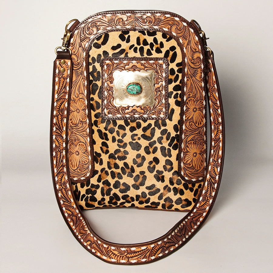 American Darling Women's Large Cross body Bag Hand Tooled Floral Carved Concho Eco-Friendly Genuine Leather YKK Zipper