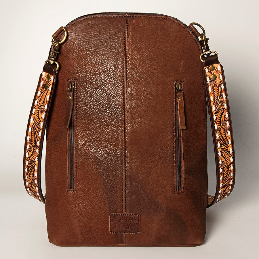 American Darling Women's Large Cross body Bag Hand Tooled Floral Carved Concho Eco-Friendly Genuine Leather YKK Zipper