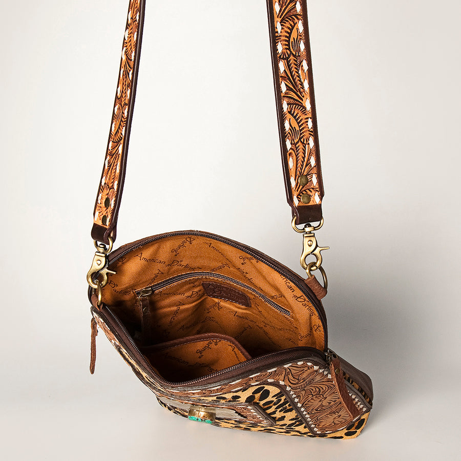 American Darling Women's Large Cross body Bag Hand Tooled Floral Carved Concho Eco-Friendly Genuine Leather YKK Zipper
