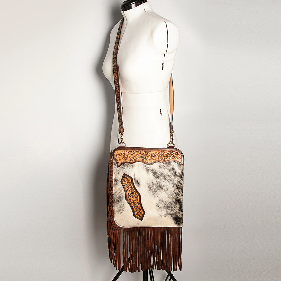 American Darling Women's Hair-On Cowhide Chaps Bag Hand Tooled Fringes Floral Carved Vegetable-Tanned Genuine Leather YKK Zipper