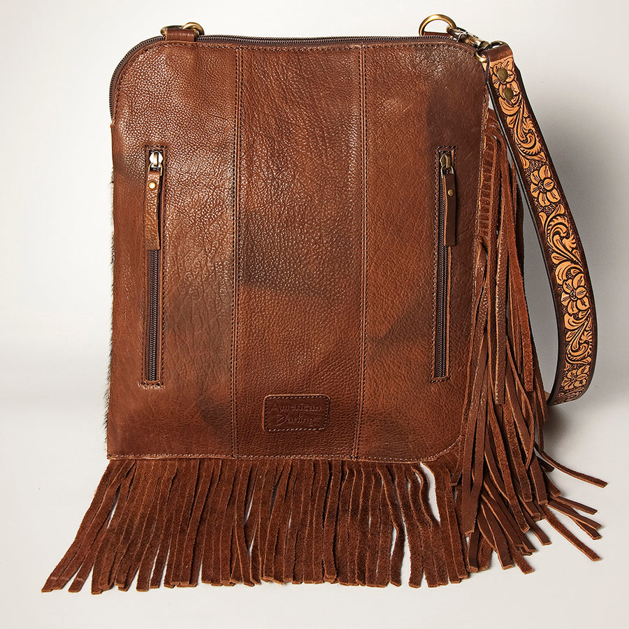 American Darling Women's Hair-On Cowhide Chaps Bag Hand Tooled Fringes Floral Carved Vegetable-Tanned Genuine Leather YKK Zipper