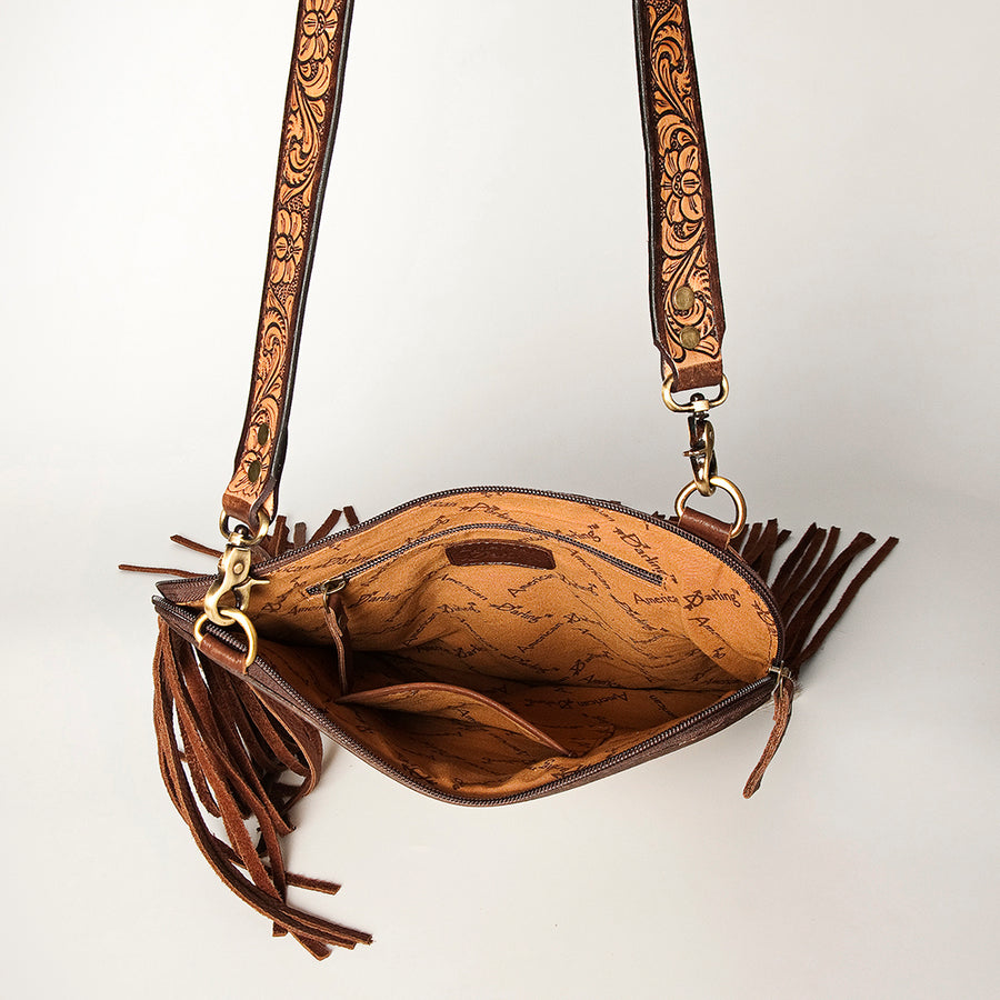 American Darling Women's Hair-On Cowhide Chaps Bag Hand Tooled Fringes Floral Carved Vegetable-Tanned Genuine Leather YKK Zipper