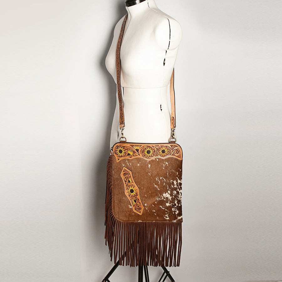 American Darling Women's Hair-On Cowhide Chaps Bag Hand Tooled Fringes Floral Carved Vegetable-Tanned Genuine Leather YKK Zipper