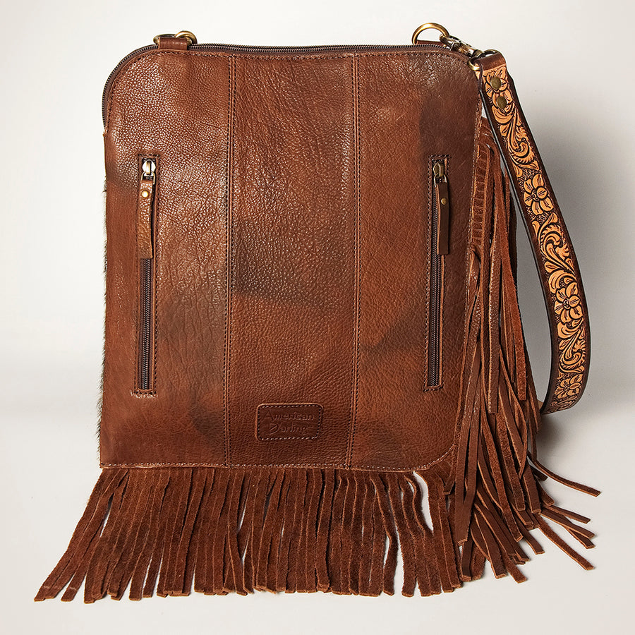 American Darling Women's Hair-On Cowhide Chaps Bag Hand Tooled Fringes Floral Carved Vegetable-Tanned Genuine Leather YKK Zipper