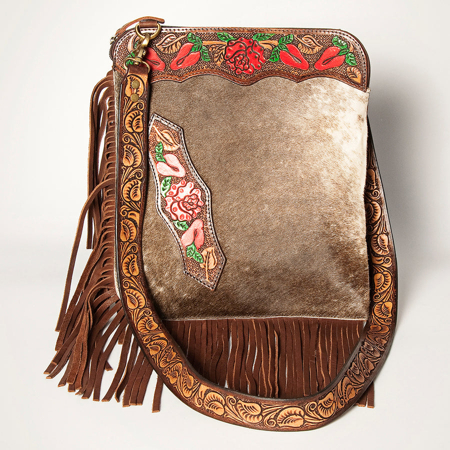 American Darling Women's Hair-On Cowhide Chaps Bag Hand Tooled Fringes Floral Carved Vegetable-Tanned Genuine Leather YKK Zipper