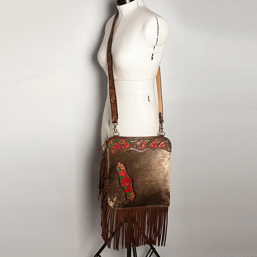 American Darling Women's Hair-On Cowhide Chaps Bag Hand Tooled Fringes Floral Carved Vegetable-Tanned Genuine Leather YKK Zipper