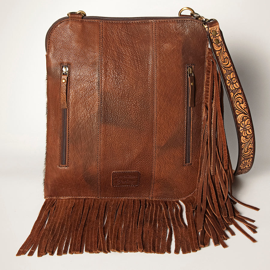 American Darling Women's Hair-On Cowhide Chaps Bag Hand Tooled Fringes Floral Carved Vegetable-Tanned Genuine Leather YKK Zipper