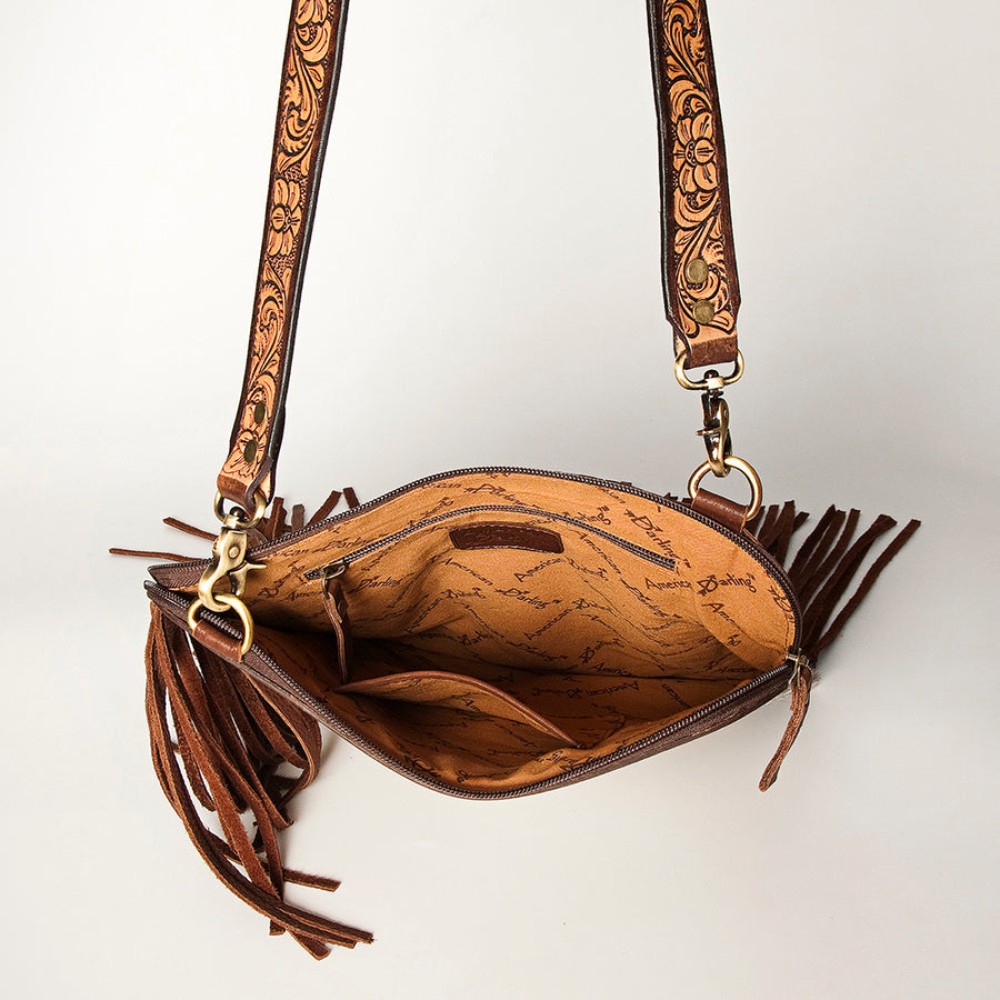 American Darling Women's Hair-On Cowhide Chaps Bag Hand Tooled Fringes Floral Carved Vegetable-Tanned Genuine Leather YKK Zipper