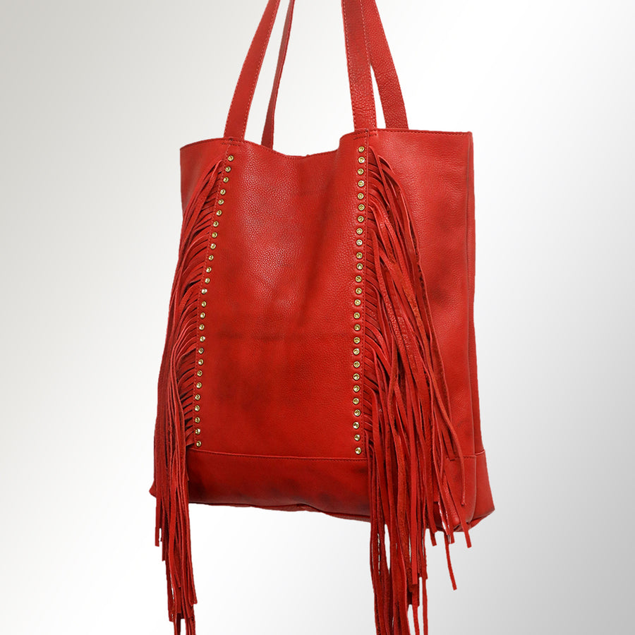 American Darling Tote Bag - Genuine Vegetable-Tanned Leather Western Purse with Fringes and YKK Zipper - 17x17in