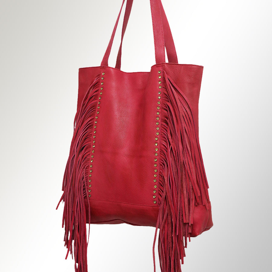 American Darling Tote Bag - Genuine Vegetable-Tanned Leather Western Purse with Fringes and YKK Zipper - 17x17in
