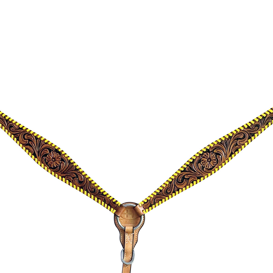 Leather breast collar with tooled design and yellow binding - Uhorse