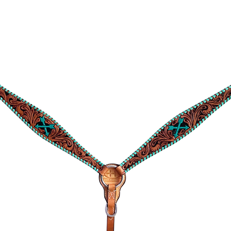 Leather breast collar with tooled floral design and turquoise inlay - Uhorse