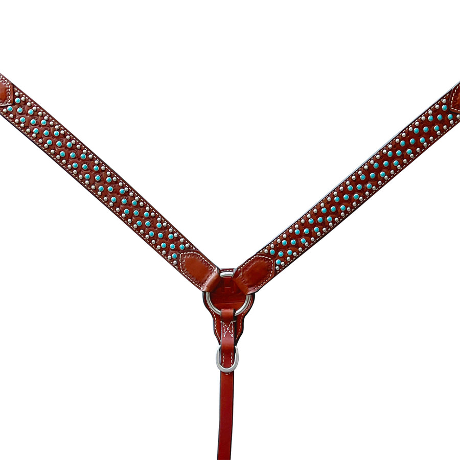 Red leather studded breast collar with turquoise conchos - Uhorse