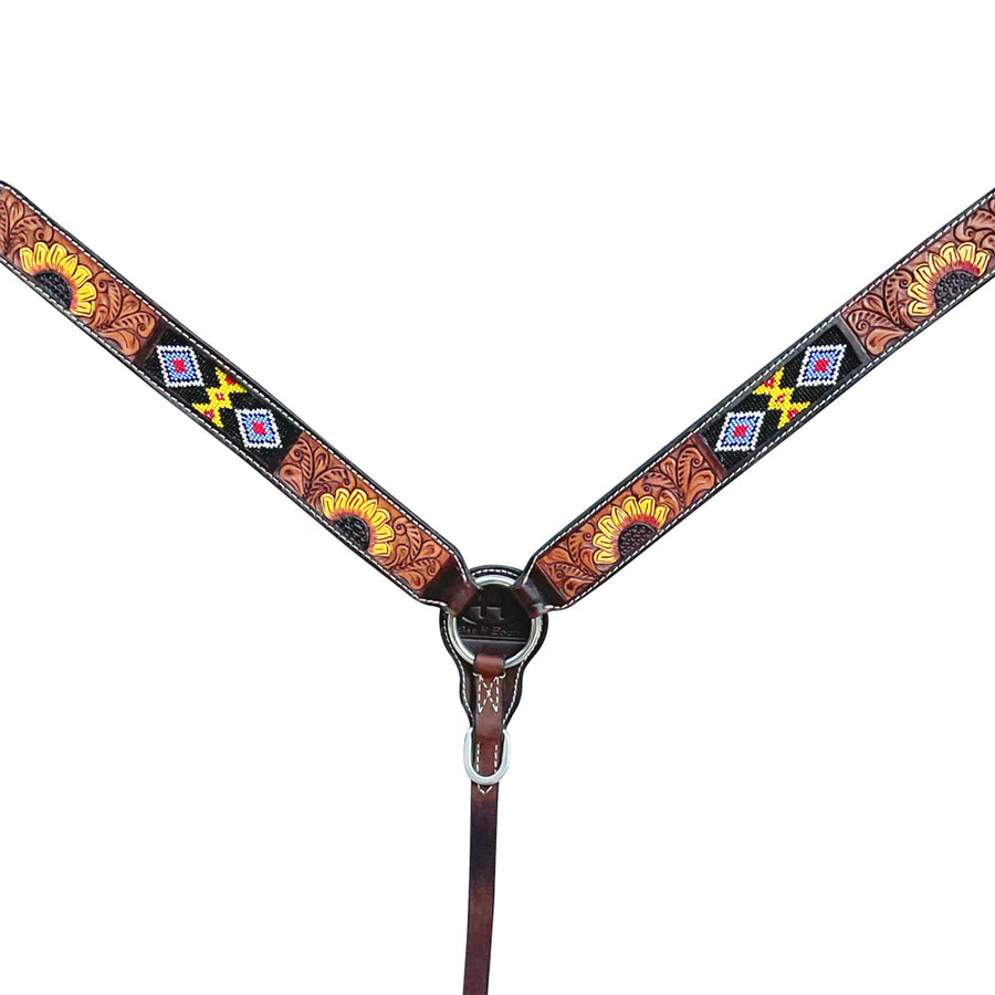 Tooled leather breast collar with geometric beadwork - Uhorse