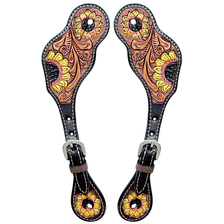 Leather spur straps with tooled sunflower design - Uhorse