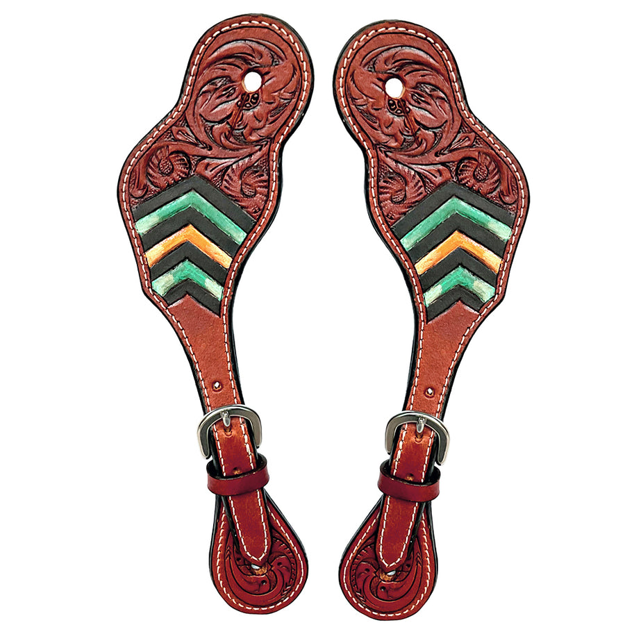 Tooled leather spur straps with inlay detail - Uhorse