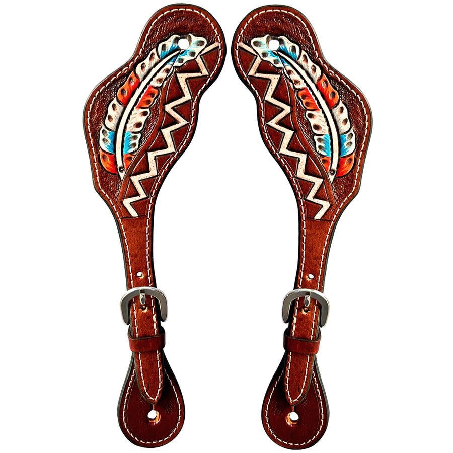 Leather spur straps with tooled feather design - Uhorse