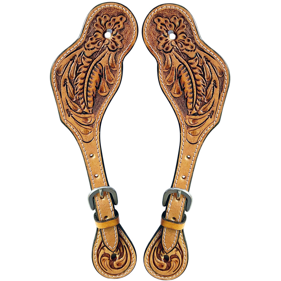 Tooled leather spur straps with floral design - Uhorse