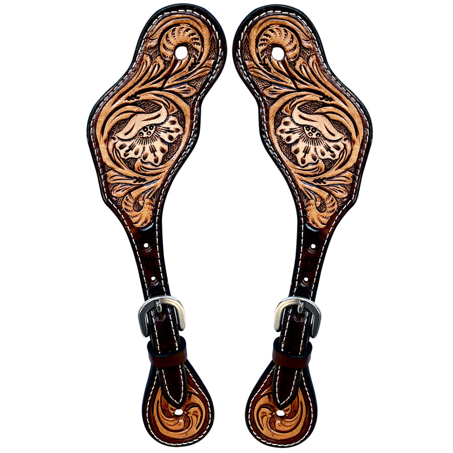 Leather spur straps with tooled floral design - Uhorse