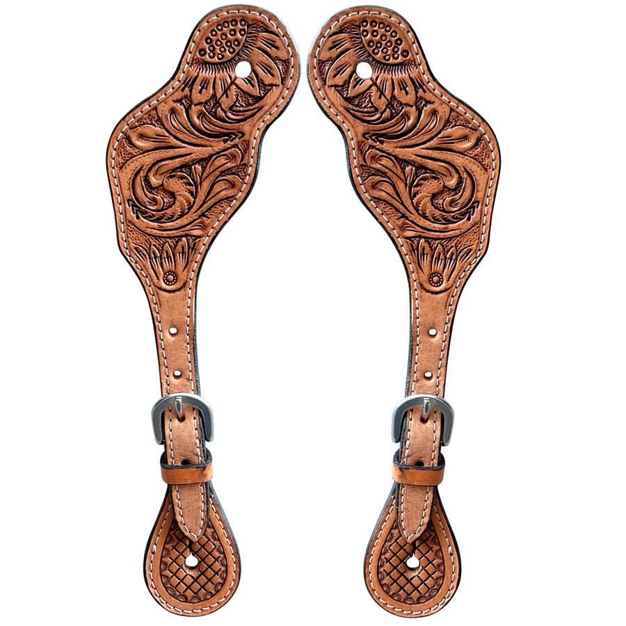 Tooled leather spur straps with eagle design - Uhorse