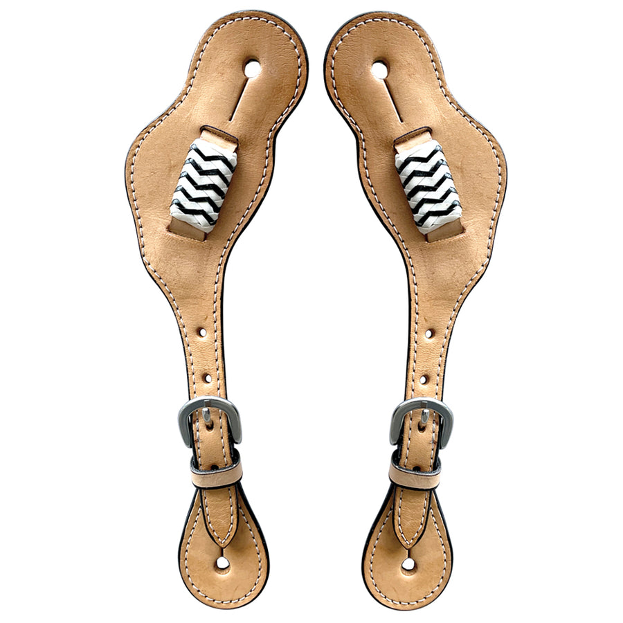 Tan leather spur straps with chevron pattern detail - Uhorse